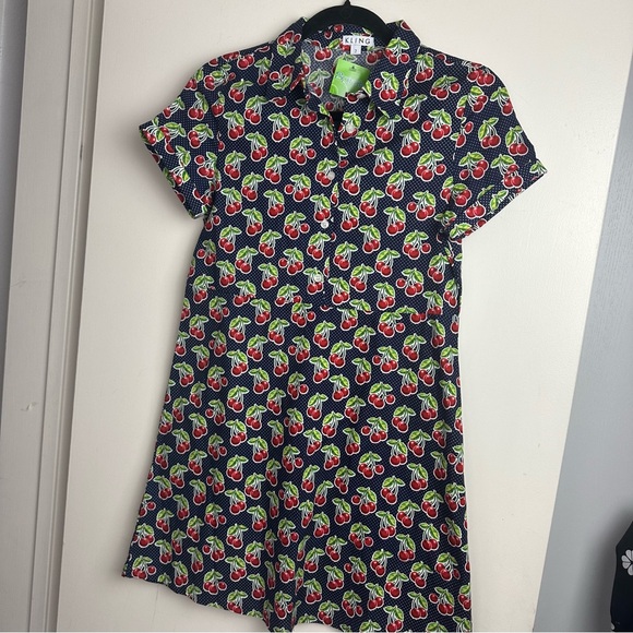Kling Navy Blue Red Cherry Print Cotton Retro Pinup Button Front Dress NWT 2/S - Picture 4 of 15